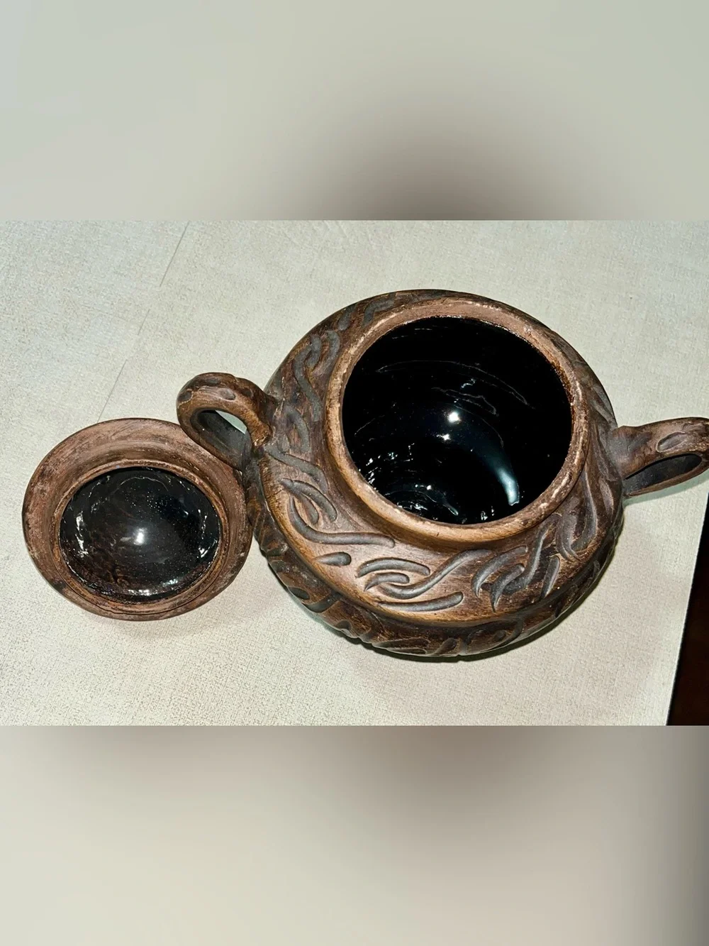 Vintage Hand-Carved Rustic Clay Covered Pot